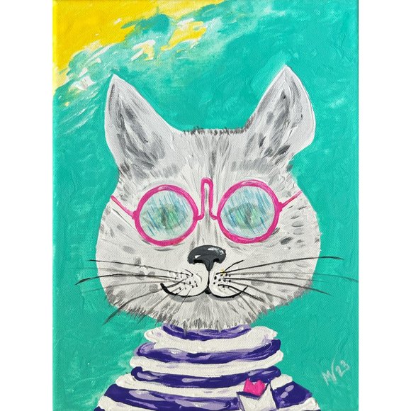 handmade Other - 12”x16” Cat Jacket Hipster Original Acrylic Painting Pet Portrait Wall Art Cool